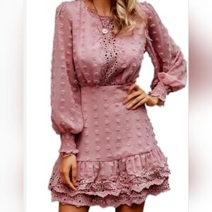 Simplee Pink Size S Long Sleeve Jacquard Chiffon Mini Lace Dress Swiss
